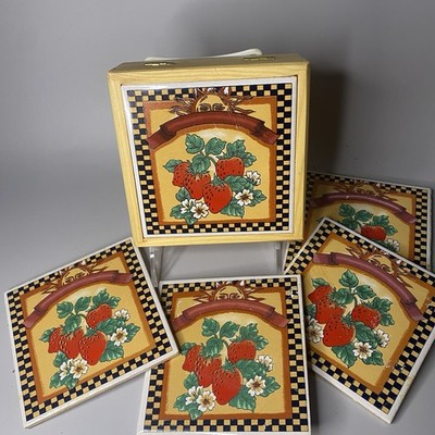 Strawberries Painted Ceramic Art Tile Coaster Set of 4- 4  Cork Backing-W/Box