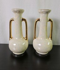 Set Of 2 Bud Vases Opalescent Irridescent Cream Gold Handles Rim Pearl Co. USA