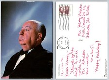 Alfred Hitchcock Portrait Postcard Macon GA 1990 Postmark Buffalo Bill Stamp
