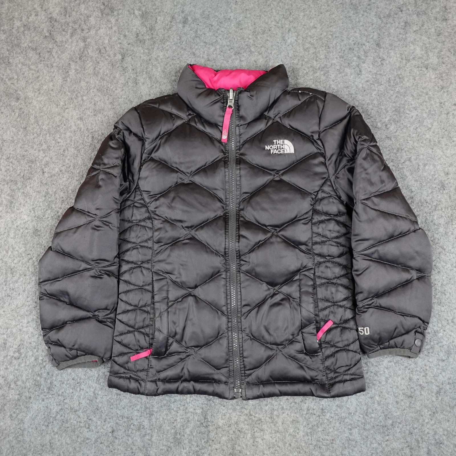 The North Face Jacket Girls Small 7/8 Black 550 Down Puffer Coat Pink Winter Zip