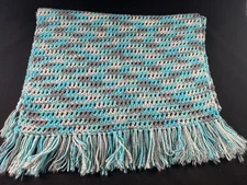 Fringed Crochet Lap Blanket or Decorative Accent  Teals & Grays 21.5" x 60"