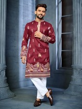 Men s Maroon Embroidered Kurta Indian Wedding Party Wear Designer Ethnic Outfit