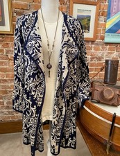 Susan Graver Navy Blue  Wheat Jacquard Lightweight Sweater Cardigan New