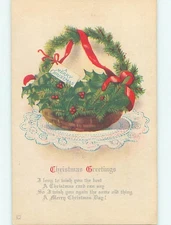 Pre-Linen christmas PINE BRANCHES AND HOLLY IN WICKER BASKET WITH RIBBON HL0333