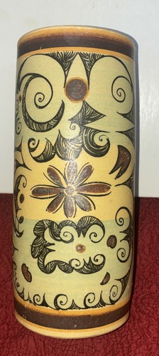 VTG Handmade/Painted Glazed Cream Terracotta South American Floral Pottery Vase