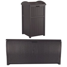 Suncast Trash Hideaway Outdoor Garbage Bin & 99 Gallon Deck Box w/ Seat, Java