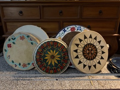 Lot of 3 Hand-Painted Wood Frame Drums Floral & Geometric Designs