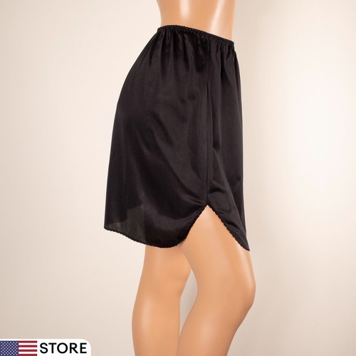 Vintage VANITY FAIR Half Slip Skirt 18" Black Silky Nylon MEDIUM Lace Trim Slit