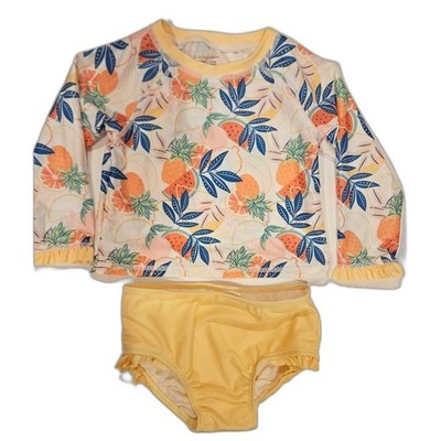 Girl's Yellow White Pink Long Sleeve Two Piece Swim Bathing Set, Size 24 Months
