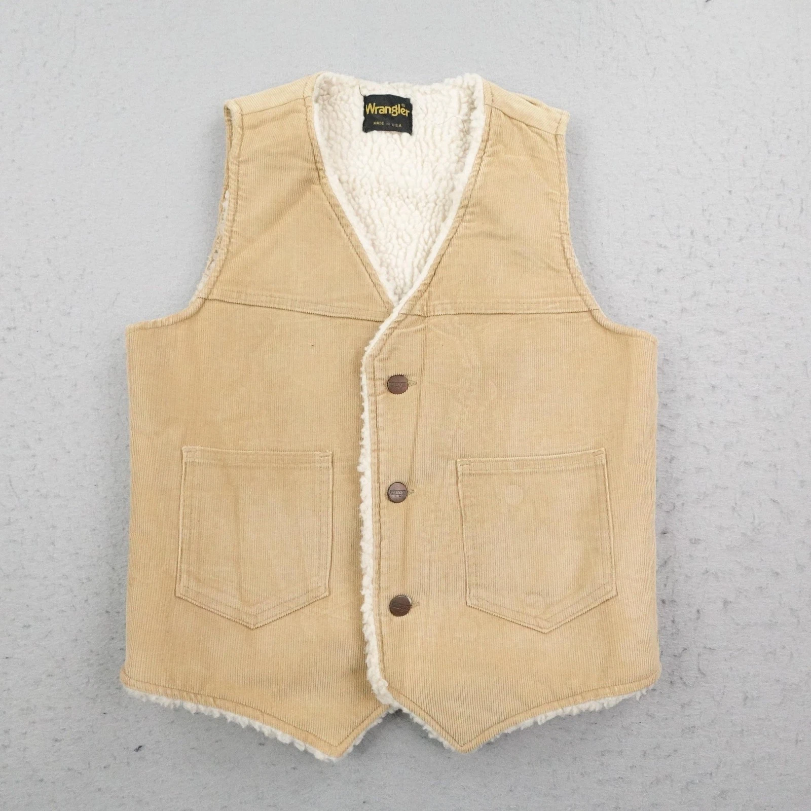 Vintage Wrangler Vest Mens Small Beige Corduroy Sherpa Lined Western Cowboy 70s