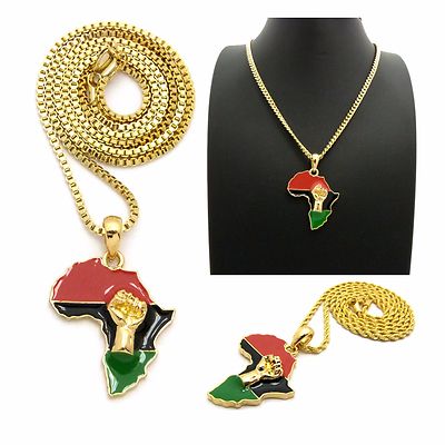 NEW FIST POWER AFRICA PENDANT & 24'' BOX/CUBAN/ROPE CHAIN HIP HOP NECKLACE XMP68G