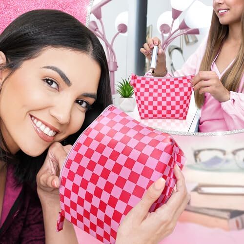 Vegane karierte Make-up-Tasche aus Leder - niedliche mädchenhafte Kosmetiktasche Reißverschlusstasche rosa - Bild 4 von 7