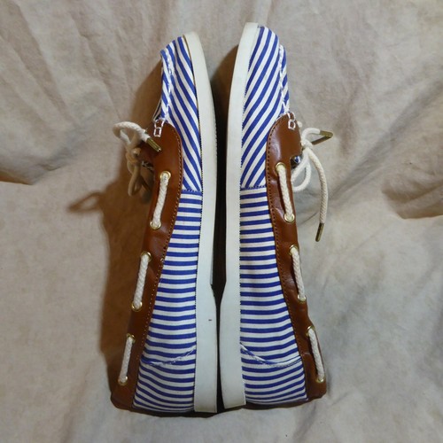 🥿 Forever 21 Boat Shoes sz 10 M Blue & White Stripe; Cognac Brown Trim - Picture 11 of 12