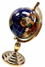 World Globe With Inlaid Semi-Precious Gemstone Desktop 12" Brass Stand Tabletop