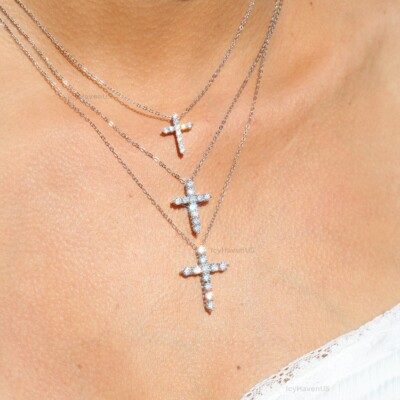 Small Moissanite Cross Pendant Necklace for Women 18k White Gold over 925 Silver