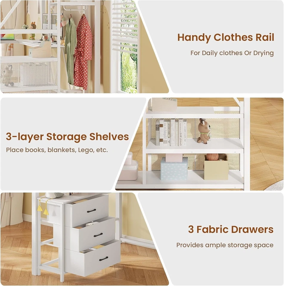 Twin Size Loft Bed with L Shaped Desk, LED Lights and Storage Stairs (White) - Image 2 of 4