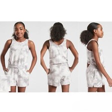 Athleta Girl XL/14 Havin a Great Time Tank Romper White/Gray Tie Dyed Drawstring