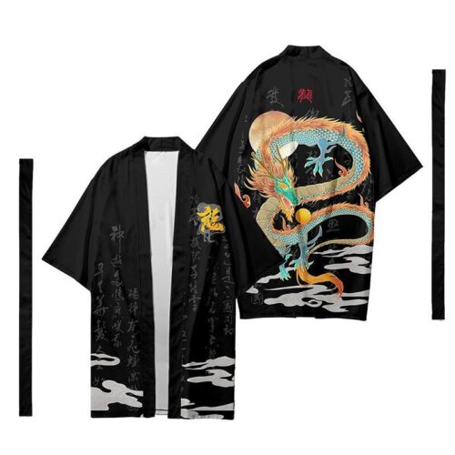 Men Long Kimono Coat Cardigan Yukata Outwear Bathrobe Top Dragon Japanese - Afbeelding 1 van 9