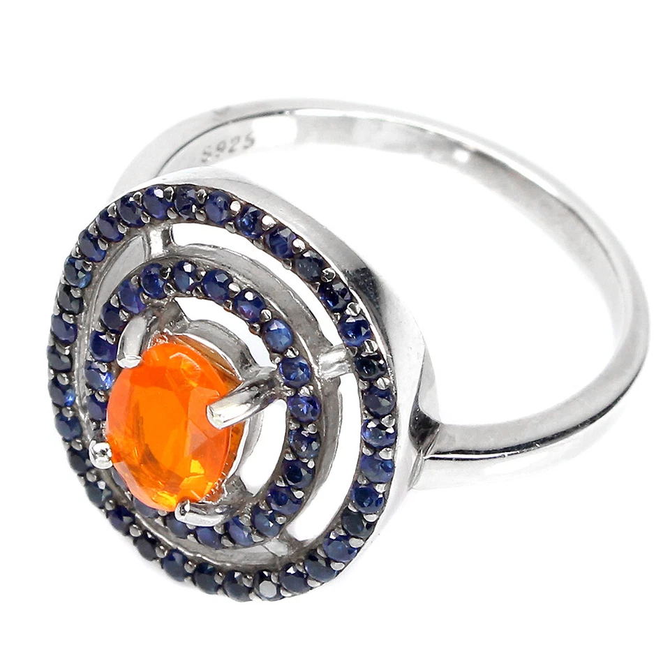 925 Anello Argento Sterling Ovale Arancione Opale di Fuoco Zaffiro Blu Gemma - Immagine 3 di 4