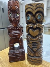Moana Wood Carving New Zealand Tiki Abalone Wooden Figure 10” & A Second Figure