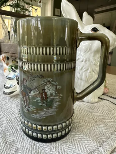 Vtg WADE Irish Porcelain Hand Painted Mug Tankard Fly Fishing Scene  1954