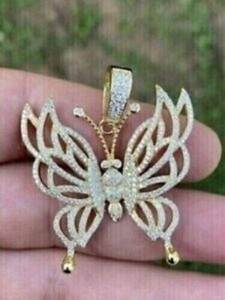 Authentic Round Cut Simulated Diamond Butterfly Charm Pendant In 14K Yellow Gold Plated