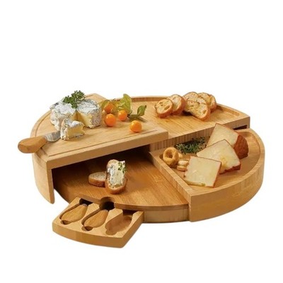 Compact Bamboo Swivel Charcuterie Board with Knives Cheese Board 