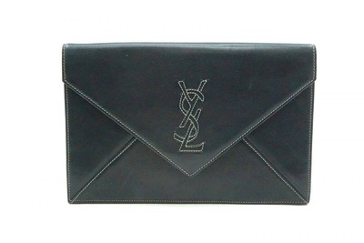 Yves Saint Laurent Rive Gauche Cassandra Clutch Tasche Ysl Logo Leder Navy 5192h