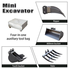 mini excavator 4-in-1 Tool Set: 8-in Bucket + 32-inch Bucket + Rake +Ripper