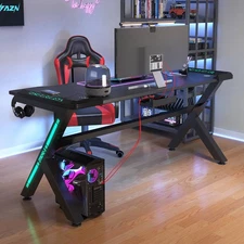 Gaming Desk with LED Lights, RGB Gaming Computer Table with Carbon Fibre