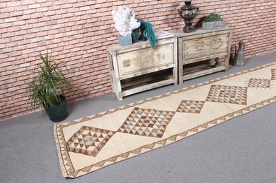 Vintage Turkish Rug, 2,5x11 ft Herki Rug, Brown White Southwestern Rug