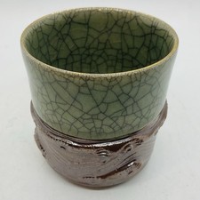 One Somayaki Tea Cup Vintage Japanese Crafts  Green And Brown 3” EUC