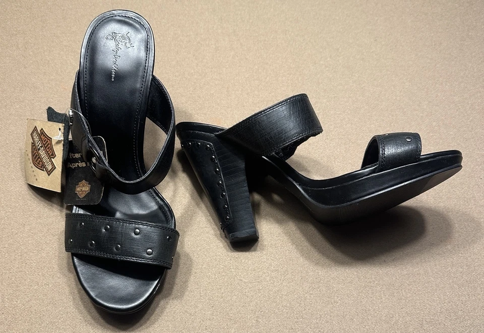 Harley-Davidson Black Leather Studded Slide Heels Women’s Sz 8 New! - Image 3 of 4