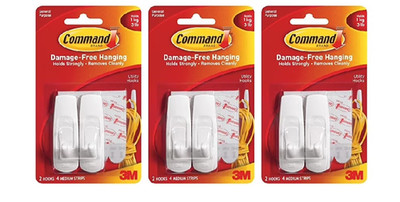 Lot of 3 Command Medium 2 per Pack White Adhesive Utility Hooks 3lb Capacity