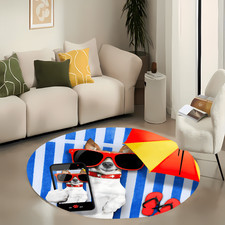 Flannel Round Mat, 0.39inch Thick, Blue and White Striped Background with Dog Fa