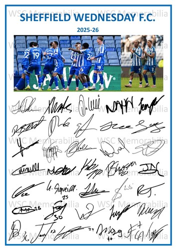 12233. 2025-26 Sheffield Wednesday Signed Team Photo Sheet PRINTED AUTOGRAPH A4