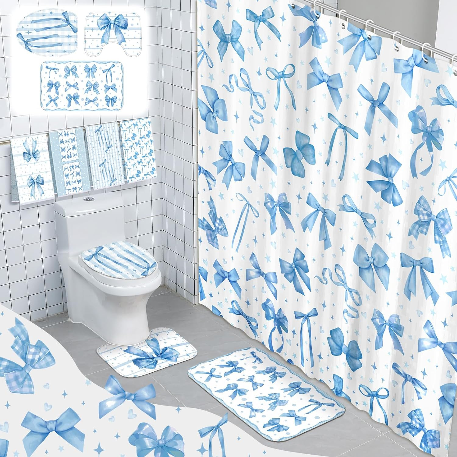 Blue Bow Shower Curtain Set with Towels, Rug, and Accessorie