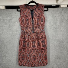 Raoul Sleeveless Dress US 0 UK 4 FR 32 Orange Blue Paisley Print Leather Trim