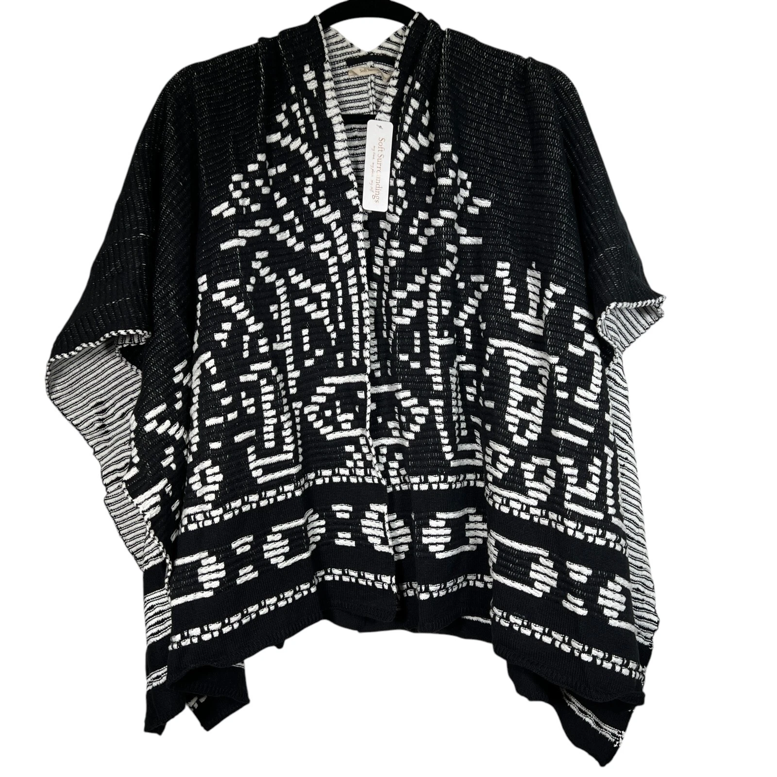 Soft Surroundings Womens Black Aztec Stretch Stitch Tribal Wrap Poncho One Size