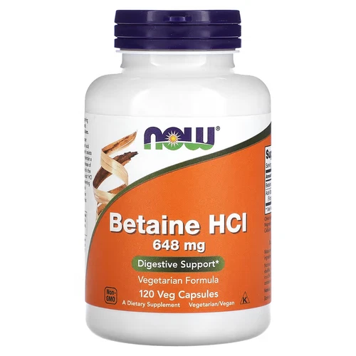 NOW Foods Betaine HCl 648mg - 120 Veg Capsules | Digestive Support
