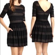BCBGMaxazria LOUE Black Lace Fit & Flare Mini Dress Deep V Back Lined Size S