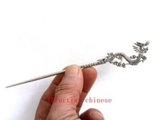 Old Chinese Tibet Silver Hand-made Dragon Statue Hairpin Hair Decoration L 15 CM