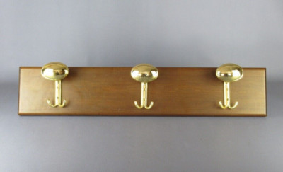 Wooden Coat Rack with Three Golden Metal Hooks Vintage Wall XX Century