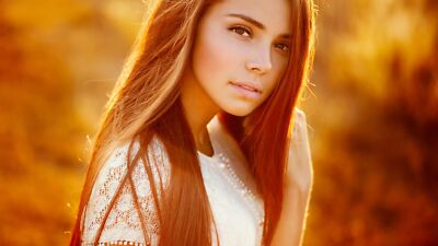 Anime model women brunette face brown eyes golden hour Playmat Gaming Mat Desk