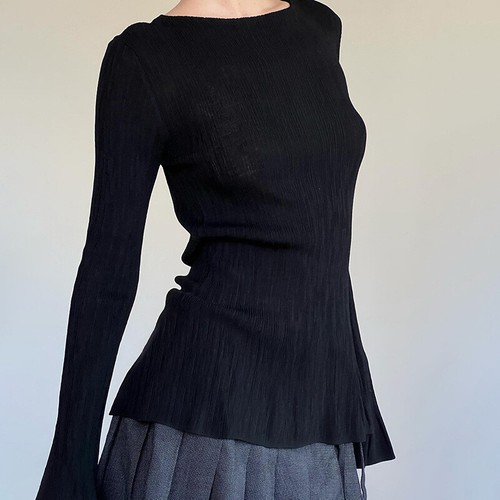 New Women Long Flare Sleeves Round Neck Pleated T-Shirt Slim Fit Blouse Tops - Picture 3 of 13