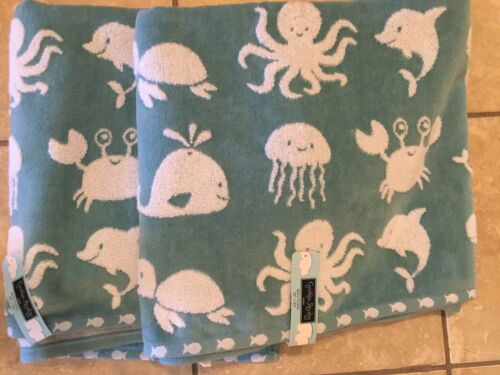 Cynthia Rowley Kids Beach Shower Bath Towels Whales Turtles Octopus 28”x54 Set 2