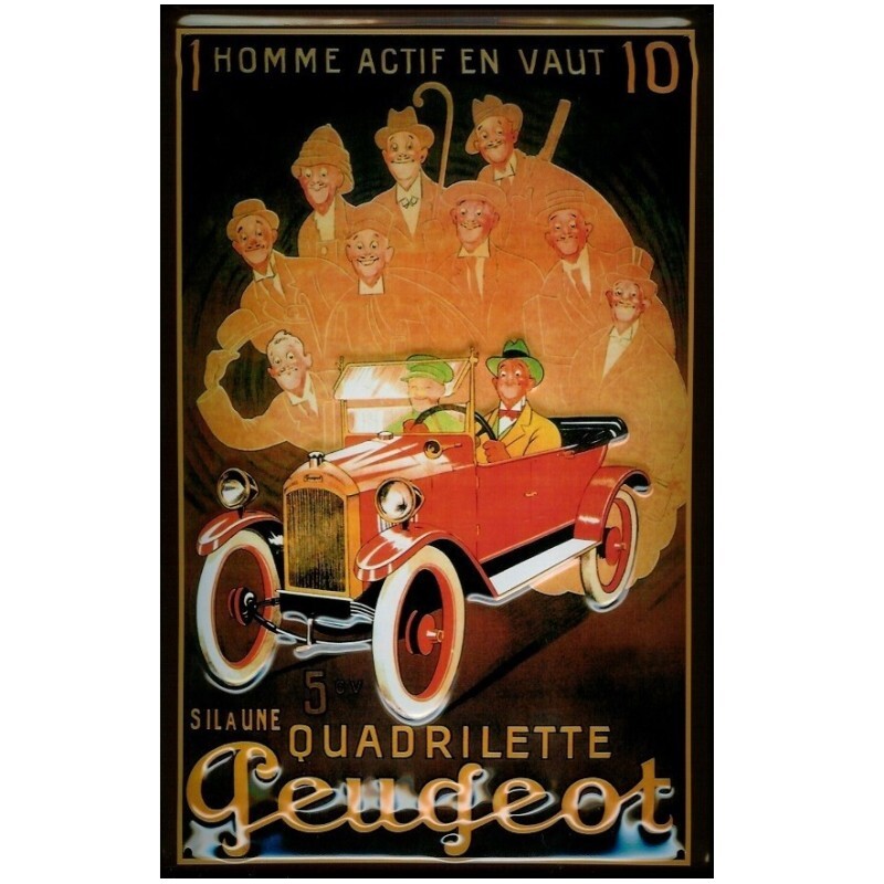 Plaque métal publicitaire Peugeot Quadrilette relief vintage 20x30cm