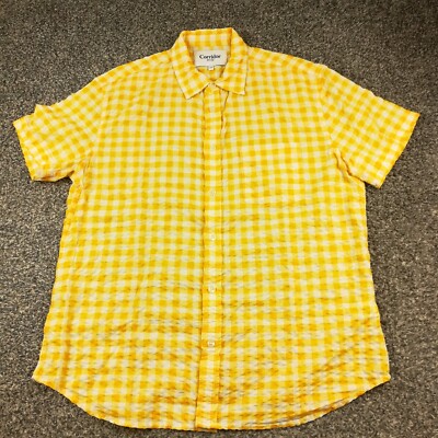 Corridor NYC Shirt Seersucker Gingham Checked Button Up Yellow Mens Medium
