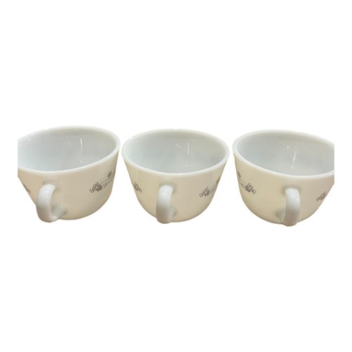 Vintage Pyrex Set of 3 Tea Cup White Milk Glass Gray Floral Pattern C Handle - Picture 3 of 7