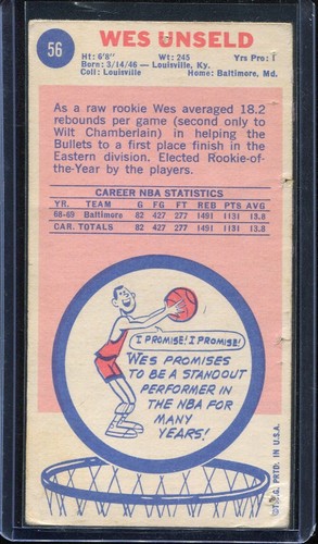 1969 Topps Basketball # 56 Wes Unseld (PR) Poor - Picture 2 of 2